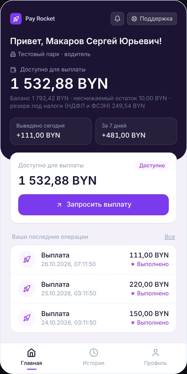 Приложение Pay Rocket — главный экран с доступной суммой и кнопкой выплаты